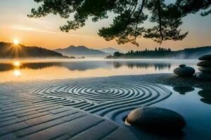 le Zen jardin de le lac. généré par ai photo