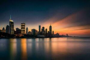 le Chicago horizon à le coucher du soleil. généré par ai photo