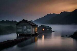 une maison est assis sur le rive de une Lac à crépuscule. généré par ai photo