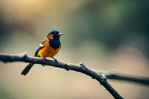 une petit Orange et bleu oiseau séance sur une branche. généré par ai photo