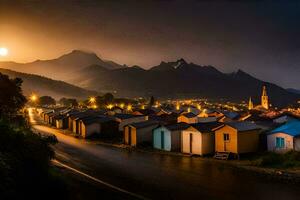 une nuit coup de une ville avec Maisons et montagnes dans le Contexte. généré par ai photo