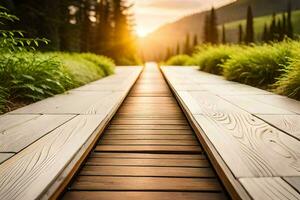 une en bois passerelle pistes à le Soleil. généré par ai photo