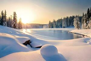 une neigeux paysage avec une Lac et des arbres. généré par ai photo