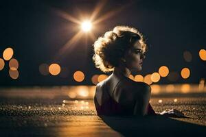 une femme séance sur le sol dans de face de une éclairé rue. généré par ai photo