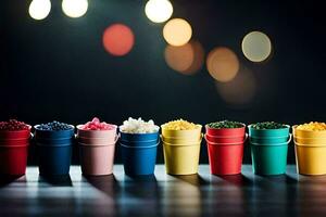 une rangée de coloré tasses avec différent coloré poudres. généré par ai photo