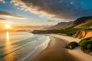 une magnifique plage avec une Montagne intervalle dans le Contexte. généré par ai photo