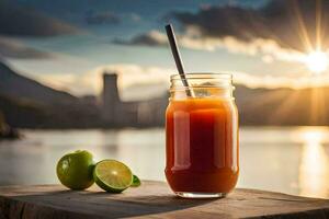 une verre de jus avec une citron vert et une paille. généré par ai photo