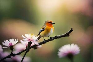 une petit oiseau est séance sur une branche avec rose fleurs. généré par ai photo