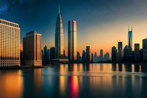 le ville horizon à le coucher du soleil dans shanghaï. généré par ai photo