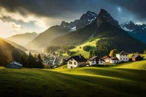 une petit village dans le montagnes avec une Montagne intervalle dans le Contexte. généré par ai photo