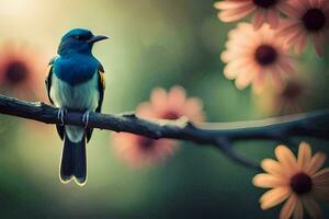 une bleu et Jaune oiseau est assis sur une branche. généré par ai photo