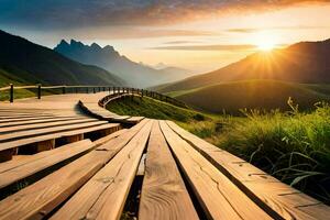 en bois passerelle dans le montagnes à le coucher du soleil. généré par ai photo