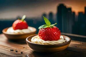 deux des fraises dans boules avec crème sur une en bois tableau. généré par ai photo