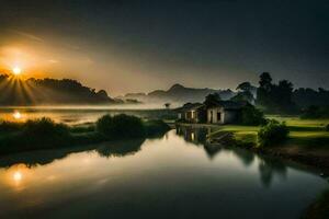 le Soleil monte plus de une petit maison sur une rivière. généré par ai photo