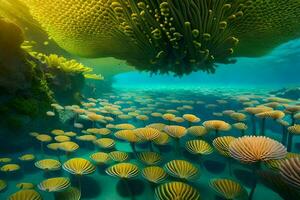 une grand groupe de Jaune mer anémones dans le océan. généré par ai photo