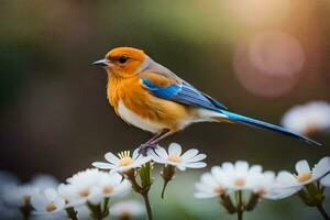une petit Orange et bleu oiseau séance sur Haut de blanc fleurs. généré par ai photo