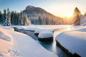 neige couvert rochers dans une rivière à le coucher du soleil. généré par ai photo