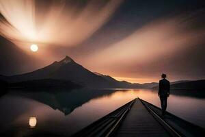 une homme permanent sur une Dock à la recherche à le Soleil. généré par ai photo