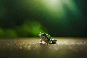 une grenouille séance sur le sol dans de face de une vert Contexte. généré par ai photo