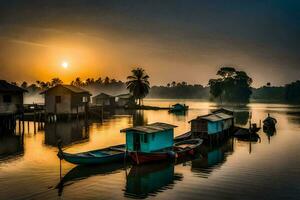 bateaux sont amarré dans le l'eau à lever du soleil. généré par ai photo