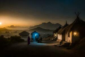 une femme des promenades passé une cabane à le coucher du soleil dans le montagnes. généré par ai photo