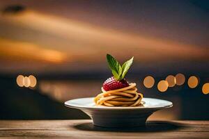 Pâtes avec une fraise sur une plaque. généré par ai photo