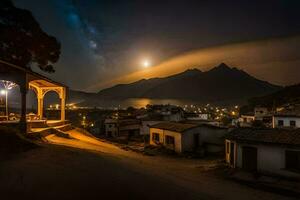 le lune brille vivement plus de une village à nuit. généré par ai photo