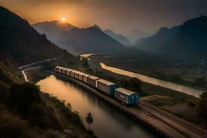 une train en voyageant par le montagnes à le coucher du soleil. généré par ai photo