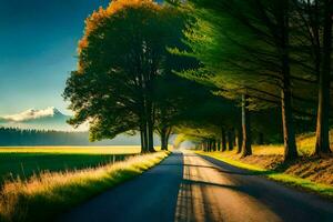 une longue route avec des arbres et herbe. généré par ai photo