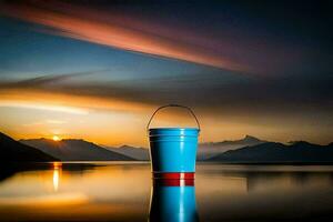 une bleu seau est assis sur le bord de une Lac à le coucher du soleil. généré par ai photo