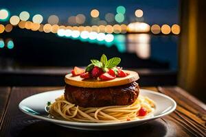 une assiette avec spaghetti et Viande sur Haut de une en bois tableau. généré par ai photo