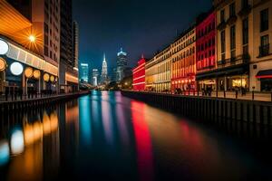 une canal dans le ville à nuit avec bâtiments et lumières. généré par ai photo