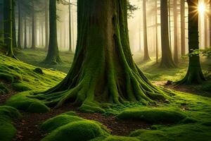 une vert forêt avec des arbres et mousse. généré par ai photo
