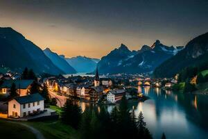 le village de Suisse à crépuscule. généré par ai photo