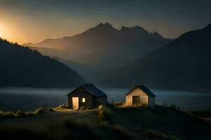 deux petit cabines asseoir dans le milieu de une champ avec montagnes dans le Contexte. généré par ai photo