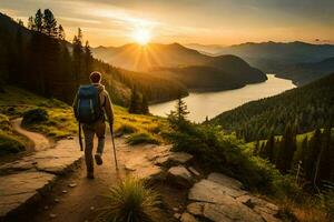 une homme avec une sac à dos des promenades en haut une Piste à le coucher du soleil. généré par ai photo