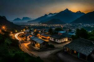 une village dans le montagnes à crépuscule. généré par ai photo