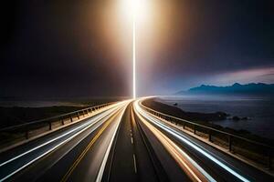 une longue exposition photo de une Autoroute avec lumière les sentiers. généré par ai