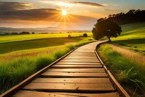 le en bois chemin pistes à le le coucher du soleil. généré par ai photo