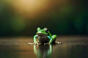 une grenouille séance sur une table avec une brillant lumière derrière il. généré par ai photo