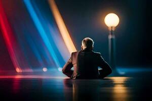 une homme séance sur le sol dans de face de une lumière. généré par ai photo