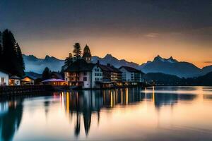 une magnifique le coucher du soleil plus de une Lac avec Maisons et montagnes dans le Contexte. généré par ai photo