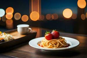 une assiette de spaghetti avec des fraises et une bol de salade avec une vue de le ville. généré par ai photo