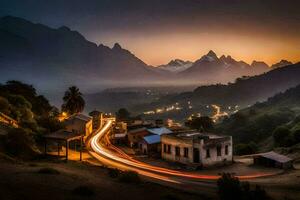 une ville dans le montagnes à le coucher du soleil. généré par ai photo