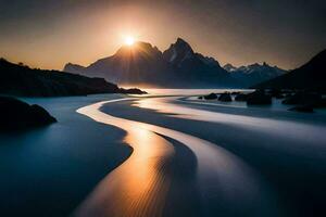 le Soleil monte plus de une rivière et montagnes. généré par ai photo