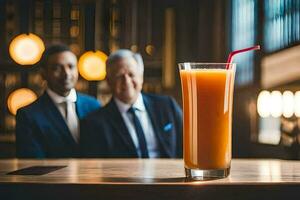 deux Hommes dans costume séance à une bar avec une verre de Orange jus. généré par ai photo