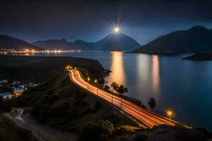 une route de premier plan à une Montagne avec une lune brillant au dessus il. généré par ai photo