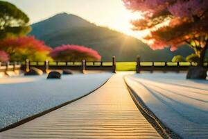 une chemin de premier plan à une Japonais jardin avec rose des arbres. généré par ai photo