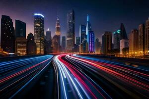 une paysage urbain avec lumières et circulation à nuit. généré par ai photo