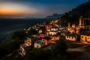 une village à le coucher du soleil dans le montagnes. généré par ai photo